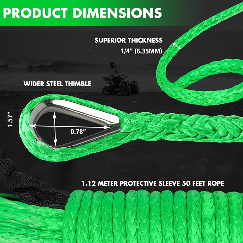 STEGODON Synthetic Winch Rope, 1/4'' x 50ft 10,000LBS Synthetic Winch Line 1/4 Winch Cable Replacement Synthetic Rope for 4WD Off Road Vehicle ATV UTV (Green) - Image 2